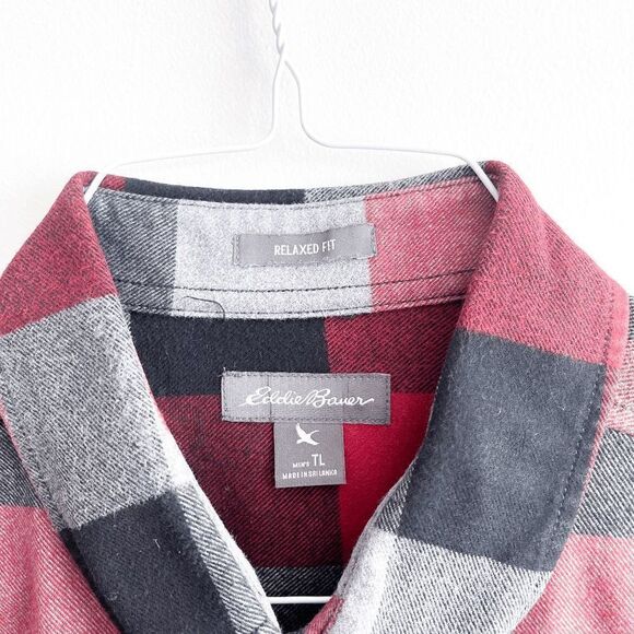 Eddie Bauer Mens Button Down Shirt Relaxed Fit  Plaid Red Black Large Tall - Picture 4 of 8